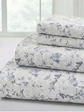 Floral Microfiber Sheet Set in Light Blue and Gray - Soft Printed Bedding